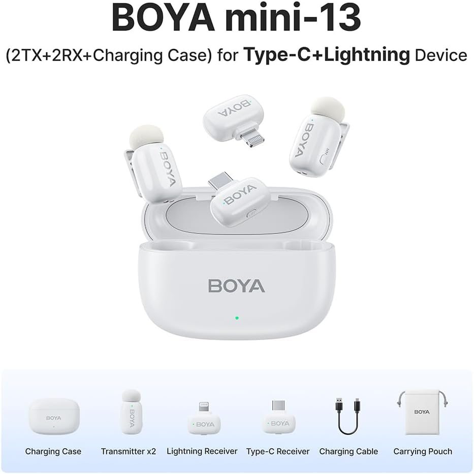 BOYA Mini Wireless Microphone for iPhone/Android/PC/Tablets with USB C/Lightning Plug - White BOYA Mini Wireless Microphone for iPhone/Android/PC/Tablets with USB C/Lightning Plug - White